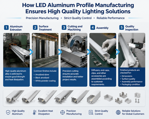บล็อกบริษัทล่าสุดเกี่ยวกับ วิธีที่การผลิตโปรไฟล์อลูมิเนียม LED รับประกันโซลูชันแสงสว่างคุณภาพสูง