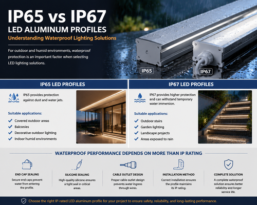 บล็อกบริษัทล่าสุดเกี่ยวกับ IP65 vs IP67 โปรไฟล์อลูมิเนียม LED: ทำความเข้าใจโซลูชันแสงสว่างกันน้ำ