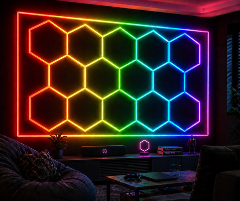 ไฟ LED หกเหลี่ยม 14 เหลี่ยม RGB ควบคุมด้วยรีโมท ไฟเพดานรังผึ้ง 24V IP20 แสงสว่างในอุดมคติสำหรับยิม ร้านเสริมสวย โรงรถ บาร์ บรรยากาศ