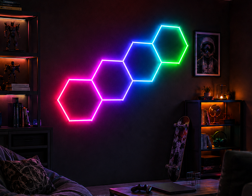 แผงไฟ LED RGB ทรงหกเหลี่ยมแบบโมดูลาร์ เหมาะสำหรับโรงรถ ยิม เวิร์คช็อป และไฟเพดานสำนักงานและการตกแต่ง