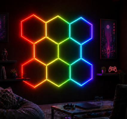 แผงไฟเพดาน LED แบบโมดูลาร์รูปหกเหลี่ยม RGB ลายรังผึ้ง สำหรับการจัดแสงที่หลากหลายในโรงรถ ยิม เวิร์คช็อป และพื้นที่สำนักงาน