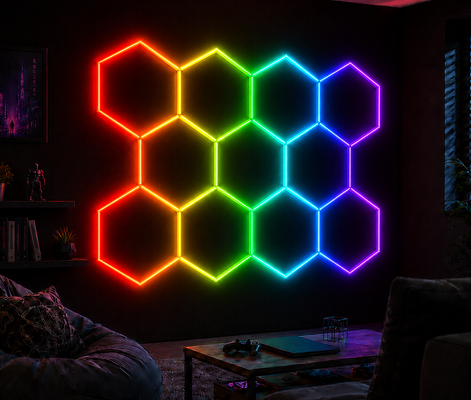ไฟ LED RGB ทรงหกเหลี่ยมแบบโมดูลาร์ลายรังผึ้ง เหมาะสำหรับโรงรถ ยิม เวิร์กช็อป และสำนักงาน โซลูชันแสงสว่างที่มีสไตล์