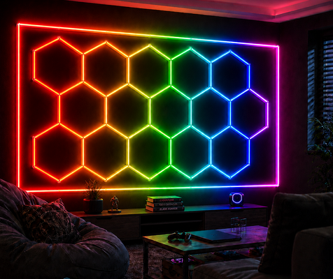 2026 ใหม่ 15Hexagon RGB รีโมทคอนโทรลไฟเพดาน LED รังผึ้ง 24V IP20 สำหรับยิม ซาลอน โรงรถ บาร์ ไฟสร้างบรรยากาศ CE พร้อมใช้งาน