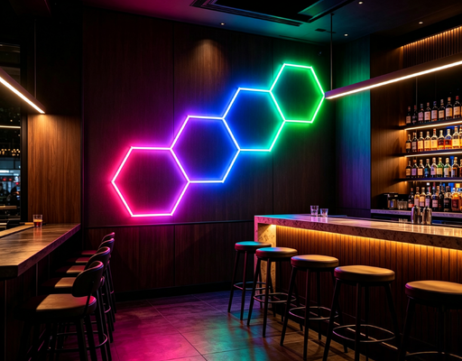 แผงไฟ LED RGB ทรงหกเหลี่ยมแบบโมดูลาร์ เหมาะสำหรับโรงรถ ยิม เวิร์คช็อป และไฟเพดานสำนักงานและการตกแต่ง