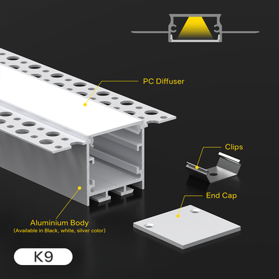 โปรไฟล์อลูมิเนียมอัลลอยด์ ซีรีส์ 6000 โคมไฟเส้น LED ติดเพดานและผนัง K&C, ช่องแบบฝังปิดผนึก K9